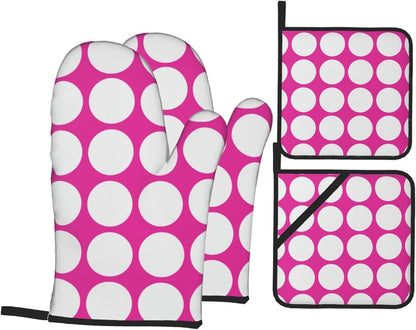 4PCS Oven Mitts and Pot Holders Sets, White Polka Dots Large Geometric Pattern Pink Oven Mitts Set Heat Resistant Kitchen Microwave Gloves Safe for Baking,Cooking, BBQ