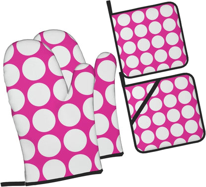4PCS Oven Mitts and Pot Holders Sets, White Polka Dots Large Geometric Pattern Pink Oven Mitts Set Heat Resistant Kitchen Microwave Gloves Safe for Baking,Cooking, BBQ