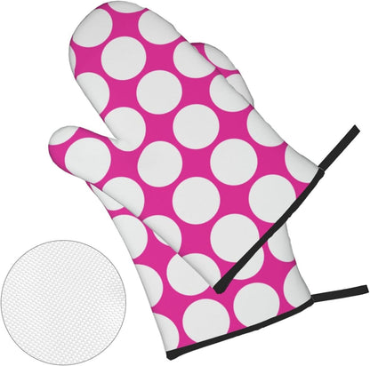 4PCS Oven Mitts and Pot Holders Sets, White Polka Dots Large Geometric Pattern Pink Oven Mitts Set Heat Resistant Kitchen Microwave Gloves Safe for Baking,Cooking, BBQ