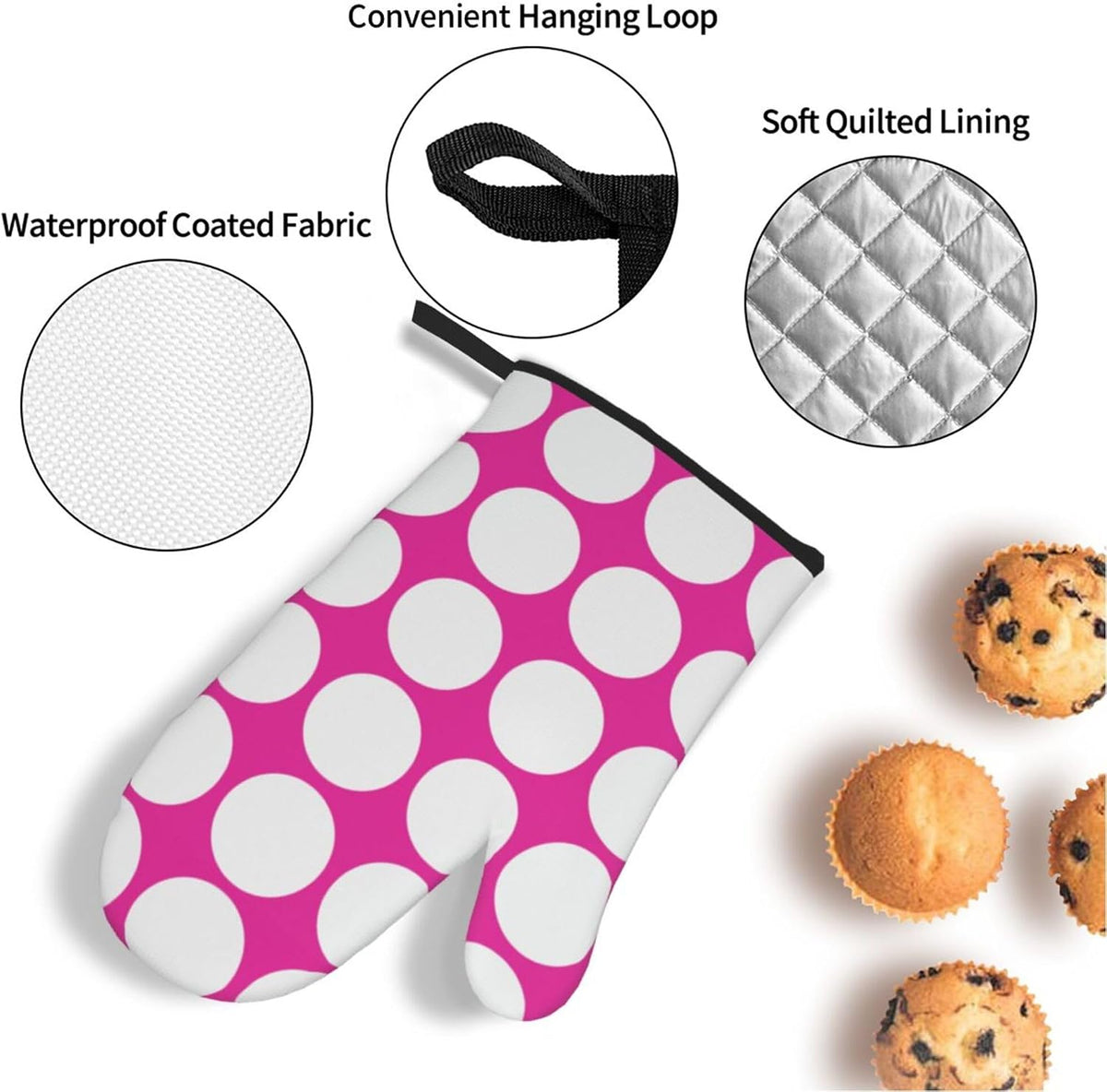 4PCS Oven Mitts and Pot Holders Sets, White Polka Dots Large Geometric Pattern Pink Oven Mitts Set Heat Resistant Kitchen Microwave Gloves Safe for Baking,Cooking, BBQ