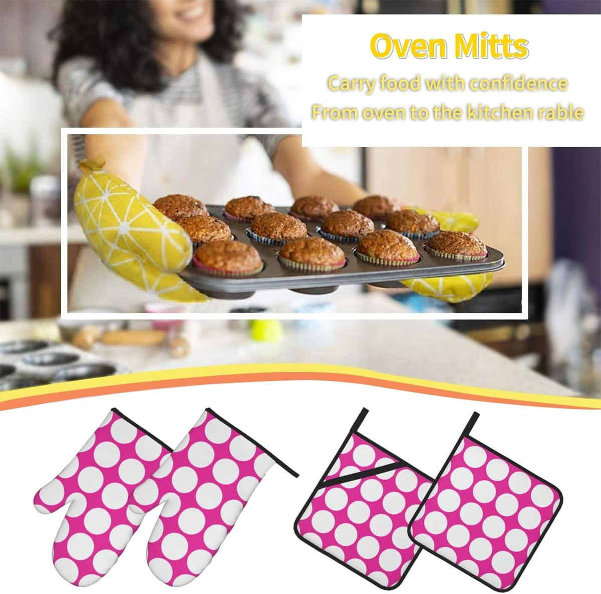 4PCS Oven Mitts and Pot Holders Sets, White Polka Dots Large Geometric Pattern Pink Oven Mitts Set Heat Resistant Kitchen Microwave Gloves Safe for Baking,Cooking, BBQ