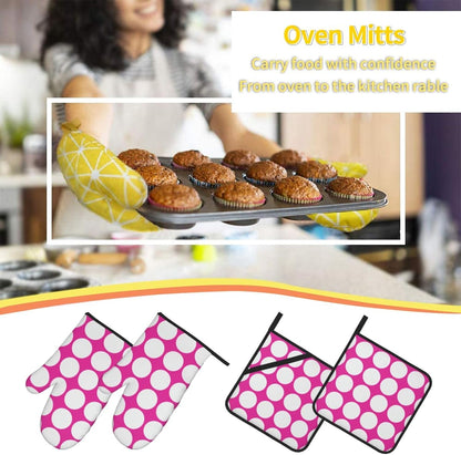4PCS Oven Mitts and Pot Holders Sets, White Polka Dots Large Geometric Pattern Pink Oven Mitts Set Heat Resistant Kitchen Microwave Gloves Safe for Baking,Cooking, BBQ