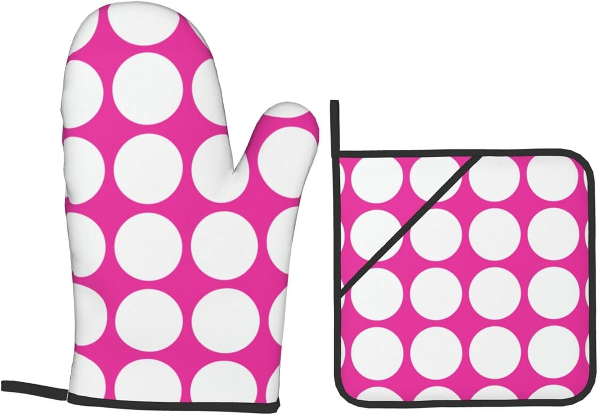4PCS Oven Mitts and Pot Holders Sets, White Polka Dots Large Geometric Pattern Pink Oven Mitts Set Heat Resistant Kitchen Microwave Gloves Safe for Baking,Cooking, BBQ