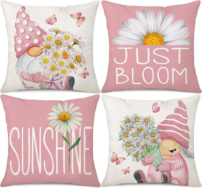 Pink Spring Summer Throw Pillow Covers 18 x 18 Set of 4 Daisy Floral Gnomes Sunshine Decorative Cushion Case for Sofa Couch Patio