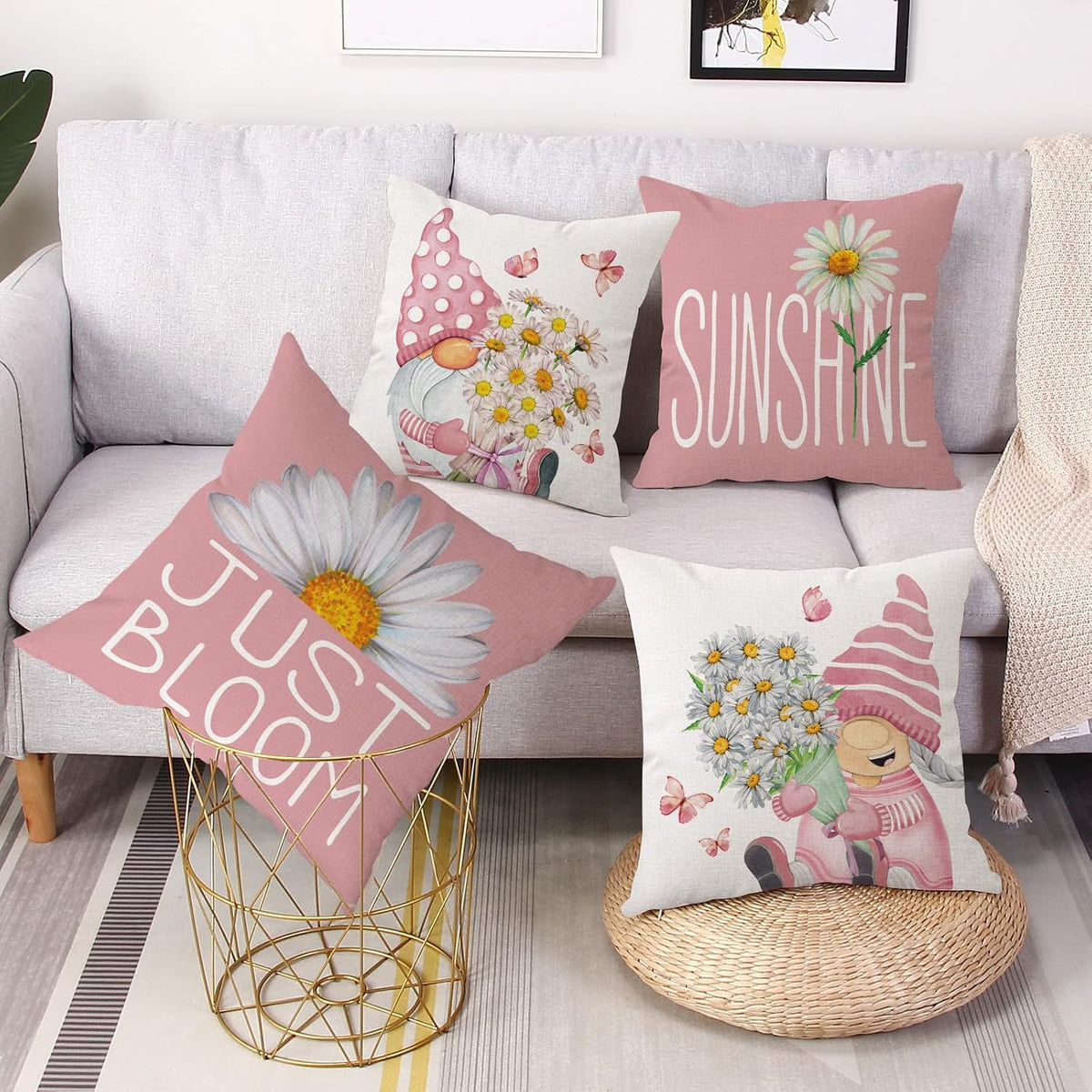 Pink Spring Summer Throw Pillow Covers 18 x 18 Set of 4 Daisy Floral Gnomes Sunshine Decorative Cushion Case for Sofa Couch Patio