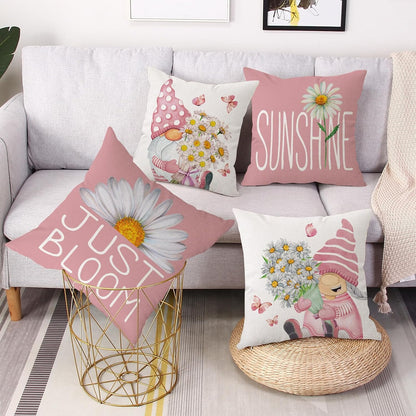 Pink Spring Summer Throw Pillow Covers 18 x 18 Set of 4 Daisy Floral Gnomes Sunshine Decorative Cushion Case for Sofa Couch Patio