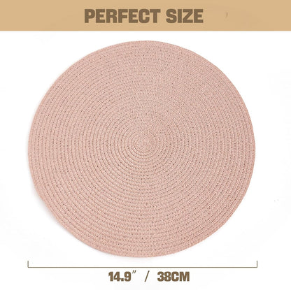 15 Inch Round Braided Woven Placemats Set of 6 Heat Resistant Non-Slip Circle Paper Table Mats for Kitchen Dining Tables (Pink)