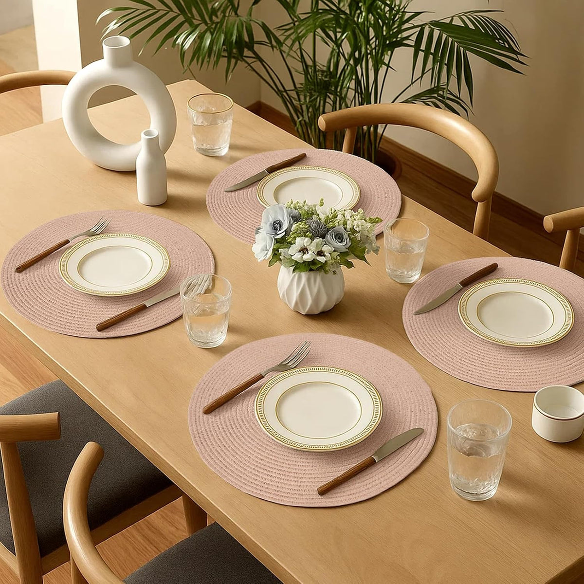 15 Inch Round Braided Woven Placemats Set of 6 Heat Resistant Non-Slip Circle Paper Table Mats for Kitchen Dining Tables (Pink)