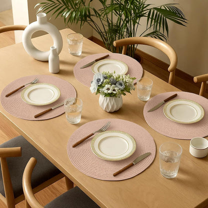 15 Inch Round Braided Woven Placemats Set of 6 Heat Resistant Non-Slip Circle Paper Table Mats for Kitchen Dining Tables (Pink)