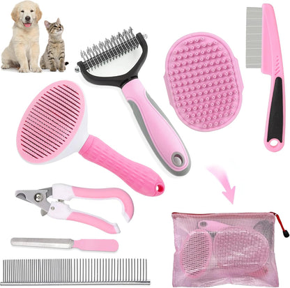 Dog Brush Dog Grooming Kit 7PCS Dogs Brush for Shedding-Dogs Brushes for Grooming, Dematting Comb, Cat Nail Clipper with Nail File, Flea Comb, Pet Comb, Bath Brush-Pink
