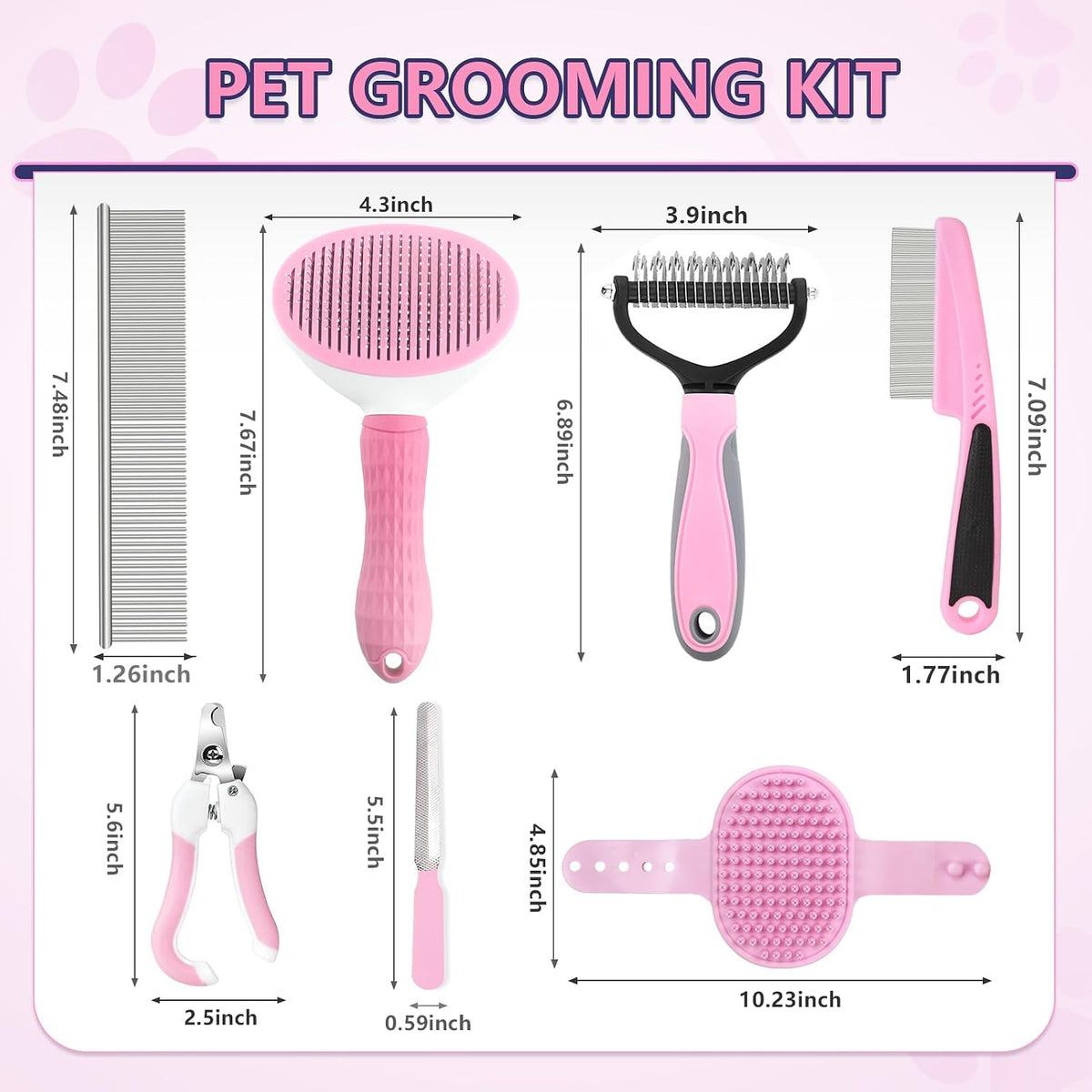 Dog Brush Dog Grooming Kit 7PCS Dogs Brush for Shedding-Dogs Brushes for Grooming, Dematting Comb, Cat Nail Clipper with Nail File, Flea Comb, Pet Comb, Bath Brush-Pink