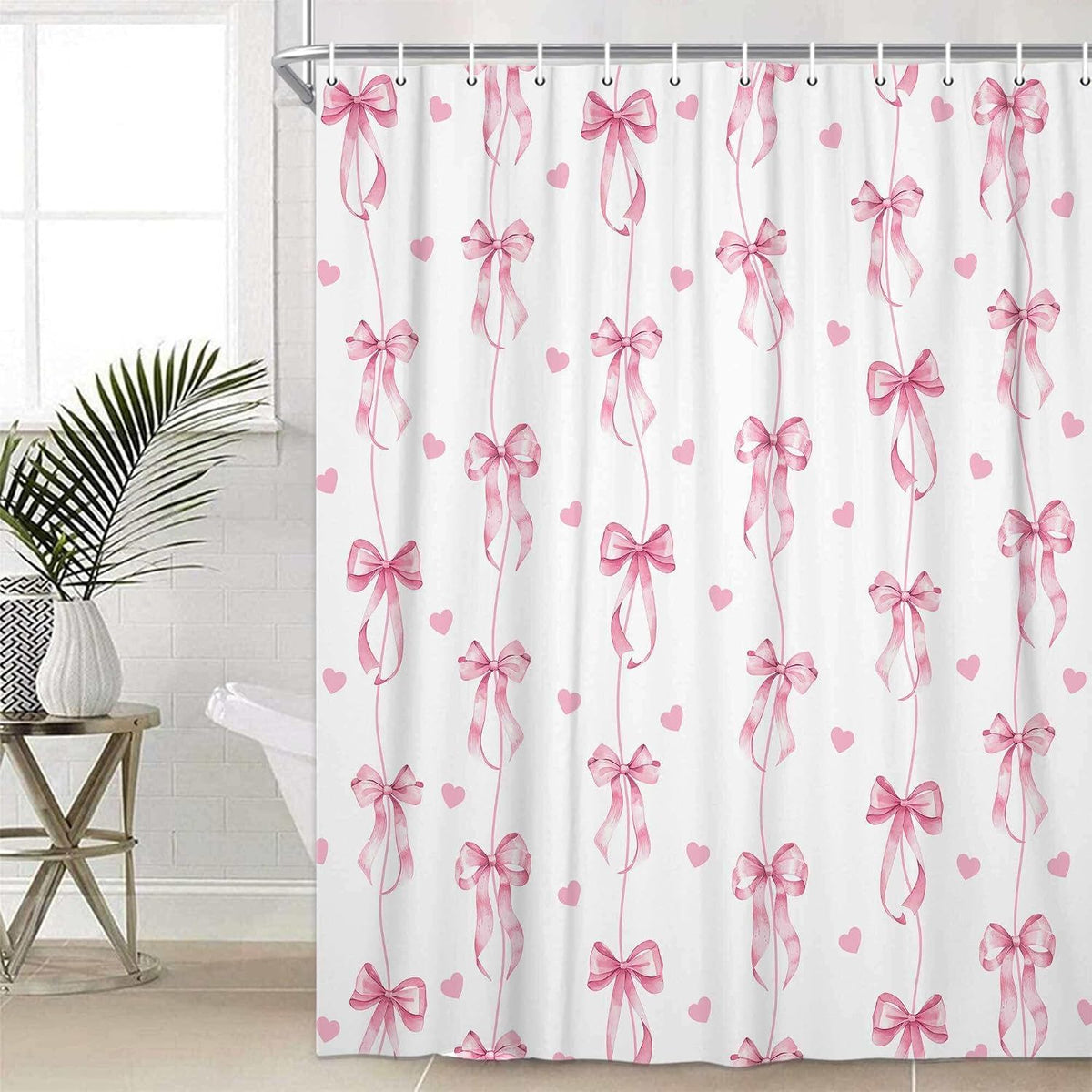 Pink Bow Shower Curtain, Cute Aesthetic Bowknot for Teens Girls Aabstract Shower Curtain Set, Princess Style Girly Fairy Tale Theme Bath Curtain Decor with Hooks, 72X72IN