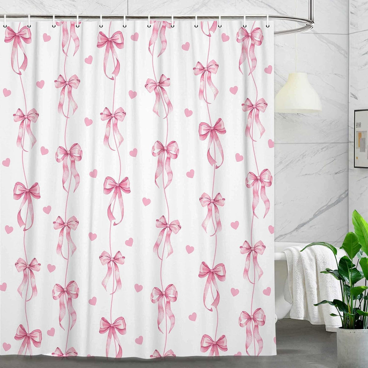 Pink Bow Shower Curtain, Cute Aesthetic Bowknot for Teens Girls Aabstract Shower Curtain Set, Princess Style Girly Fairy Tale Theme Bath Curtain Decor with Hooks, 72X72IN