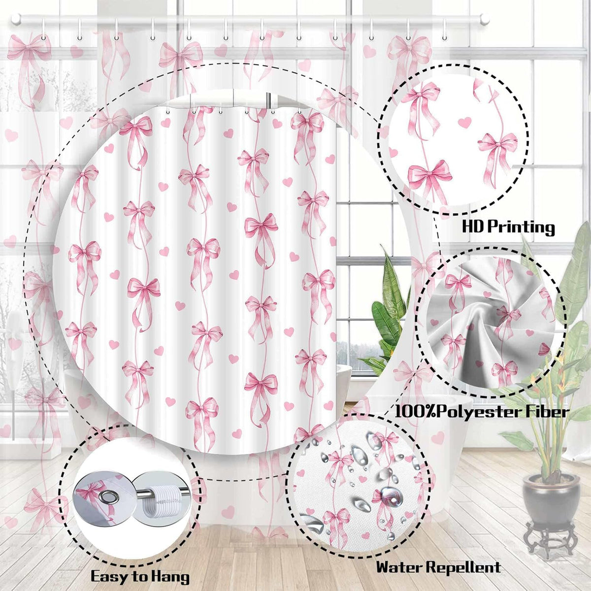 Pink Bow Shower Curtain, Cute Aesthetic Bowknot for Teens Girls Aabstract Shower Curtain Set, Princess Style Girly Fairy Tale Theme Bath Curtain Decor with Hooks, 72X72IN