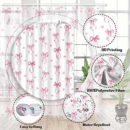 Pink Bow Shower Curtain, Cute Aesthetic Bowknot for Teens Girls Aabstract Shower Curtain Set, Princess Style Girly Fairy Tale Theme Bath Curtain Decor with Hooks, 72X72IN