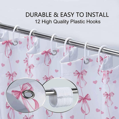 Pink Bow Shower Curtain, Cute Aesthetic Bowknot for Teens Girls Aabstract Shower Curtain Set, Princess Style Girly Fairy Tale Theme Bath Curtain Decor with Hooks, 72X72IN