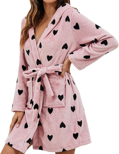 Plush Sherpa Hooded Robe for Women Heart Print Lightweight Soft Knit Sleepwear Spa Bathrobe