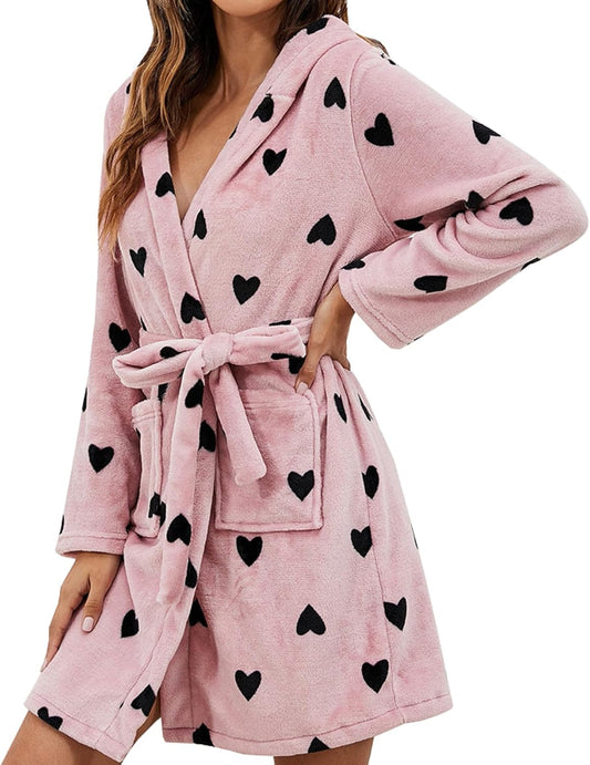 Plush Sherpa Hooded Robe for Women Heart Print Lightweight Soft Knit Sleepwear Spa Bathrobe