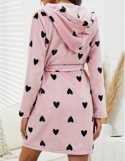 Plush Sherpa Hooded Robe for Women Heart Print Lightweight Soft Knit Sleepwear Spa Bathrobe