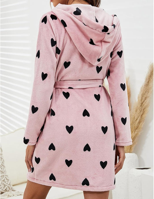 Plush Sherpa Hooded Robe for Women Heart Print Lightweight Soft Knit Sleepwear Spa Bathrobe