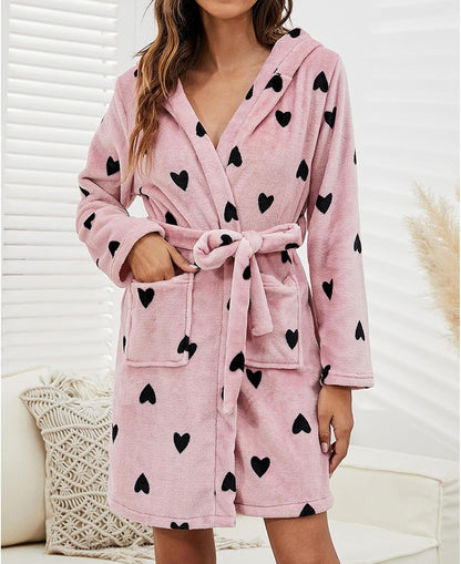Plush Sherpa Hooded Robe for Women Heart Print Lightweight Soft Knit Sleepwear Spa Bathrobe