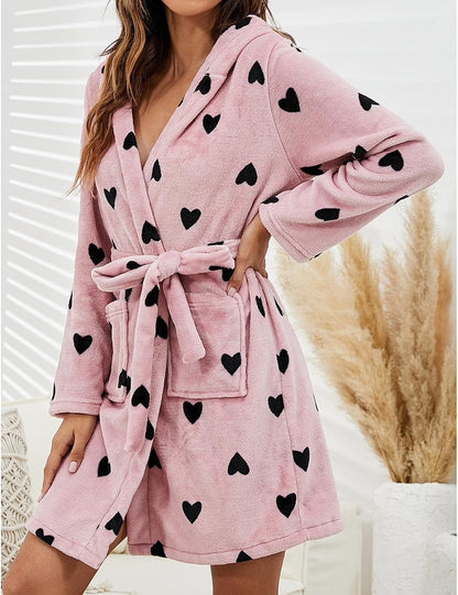 Plush Sherpa Hooded Robe for Women Heart Print Lightweight Soft Knit Sleepwear Spa Bathrobe