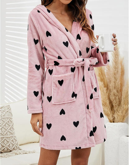 Plush Sherpa Hooded Robe for Women Heart Print Lightweight Soft Knit Sleepwear Spa Bathrobe