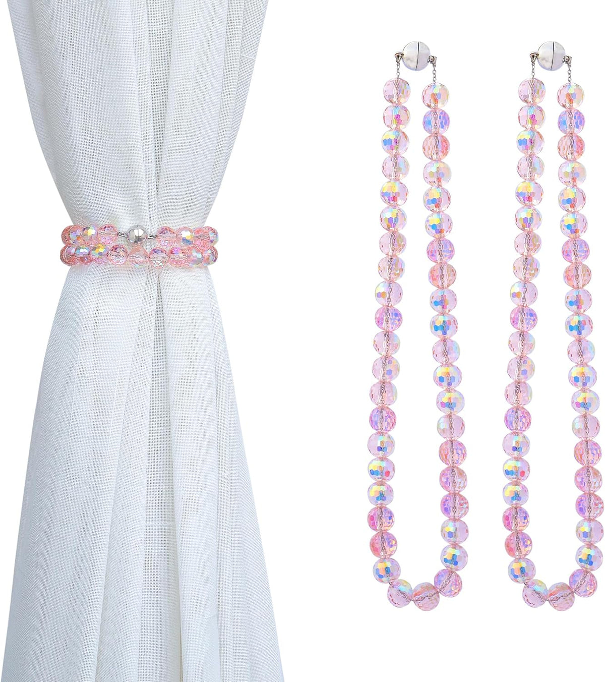 Magnetic Curtain Tiebacks, Faceted Disco Crystal Glass Beaded Curtain Tiebacks Drapery Shower Sheer Curtain Holdbacks Boho Farmhouse Home Decor (Pink)