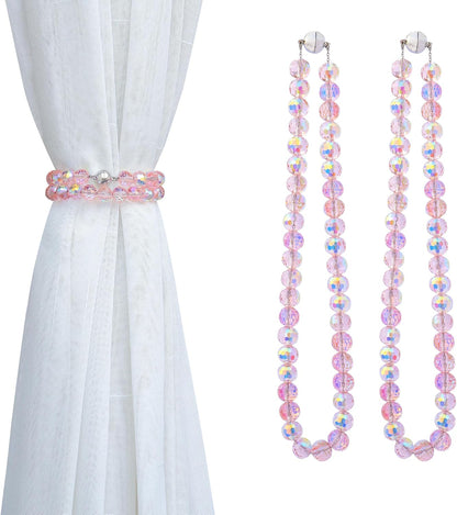 Magnetic Curtain Tiebacks, Faceted Disco Crystal Glass Beaded Curtain Tiebacks Drapery Shower Sheer Curtain Holdbacks Boho Farmhouse Home Decor (Pink)