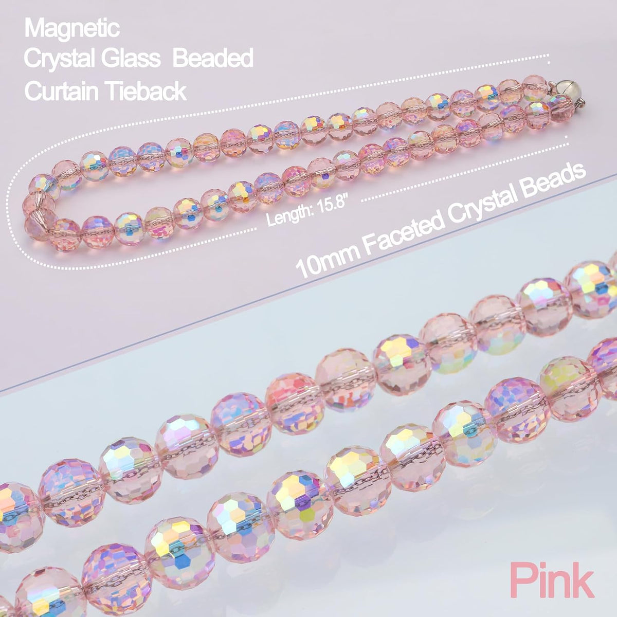 Magnetic Curtain Tiebacks, Faceted Disco Crystal Glass Beaded Curtain Tiebacks Drapery Shower Sheer Curtain Holdbacks Boho Farmhouse Home Decor (Pink)