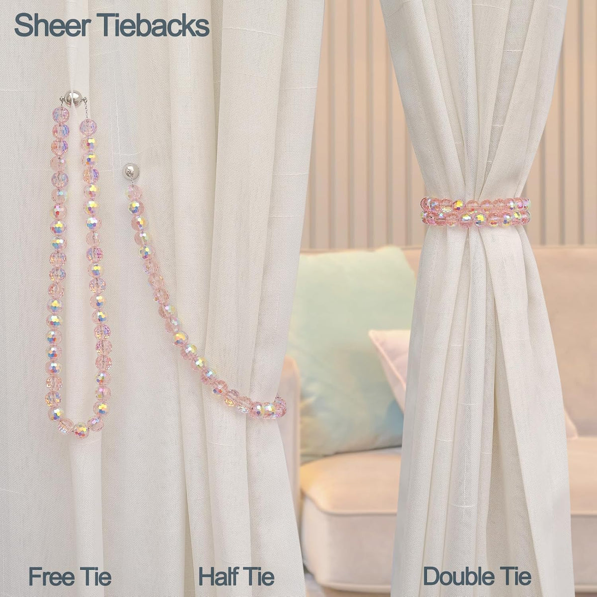 Magnetic Curtain Tiebacks, Faceted Disco Crystal Glass Beaded Curtain Tiebacks Drapery Shower Sheer Curtain Holdbacks Boho Farmhouse Home Decor (Pink)