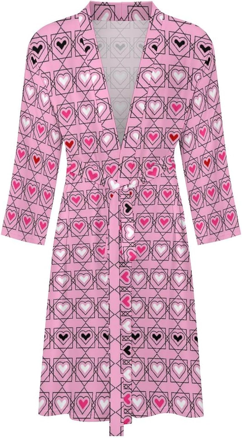 Womens Retro Love Balloon Bathrobe Mens Knit Pajamas Robe With Self Tie Belt Waist Knee Length Spa Robes For Travel