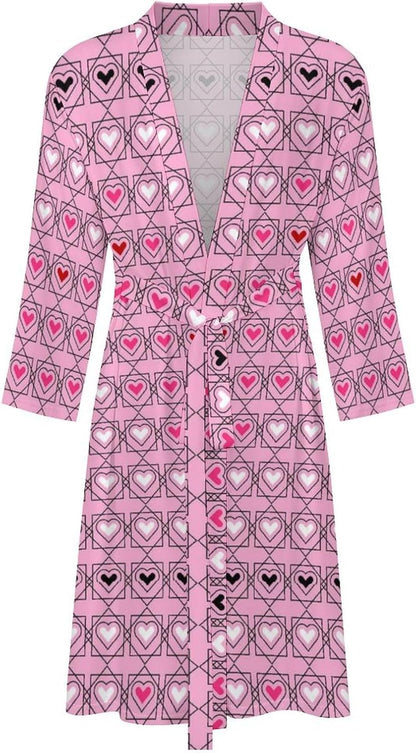 Womens Retro Love Balloon Bathrobe Mens Knit Pajamas Robe With Self Tie Belt Waist Knee Length Spa Robes For Travel