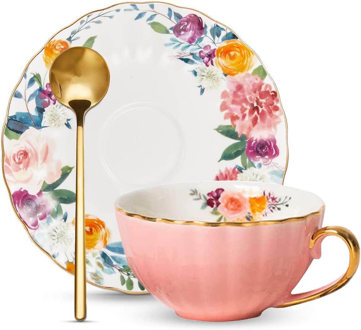 Pink Tea Cup and Saucer Set for 1 Bone China English Tea Cup, 8 oz