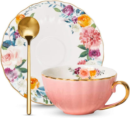 Pink Tea Cup and Saucer Set for 1 Bone China English Tea Cup, 8 oz