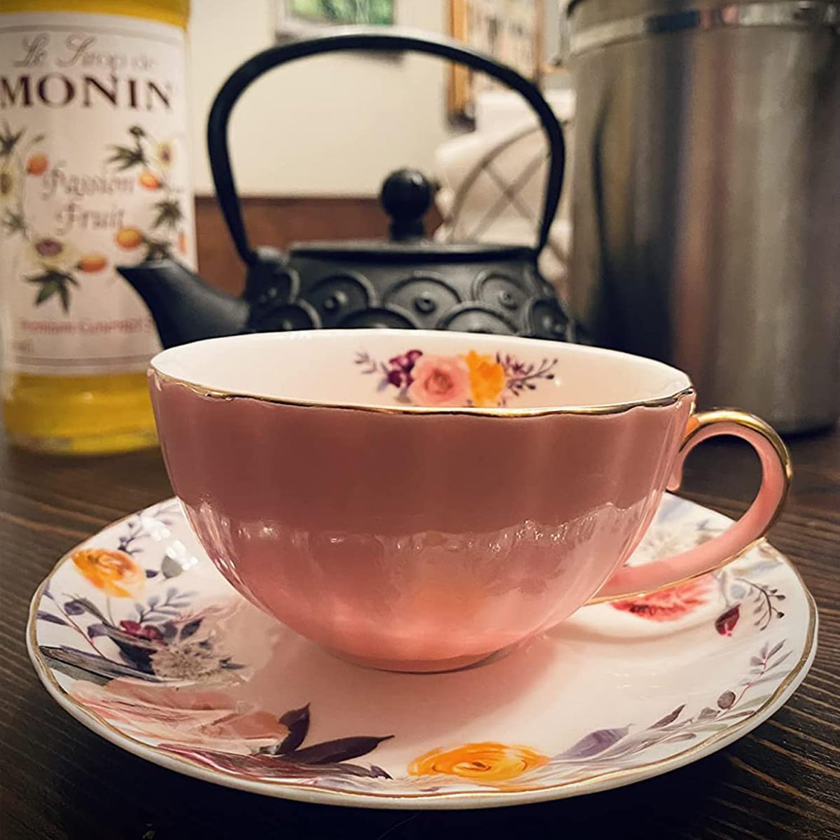 Pink Tea Cup and Saucer Set for 1 Bone China English Tea Cup, 8 oz