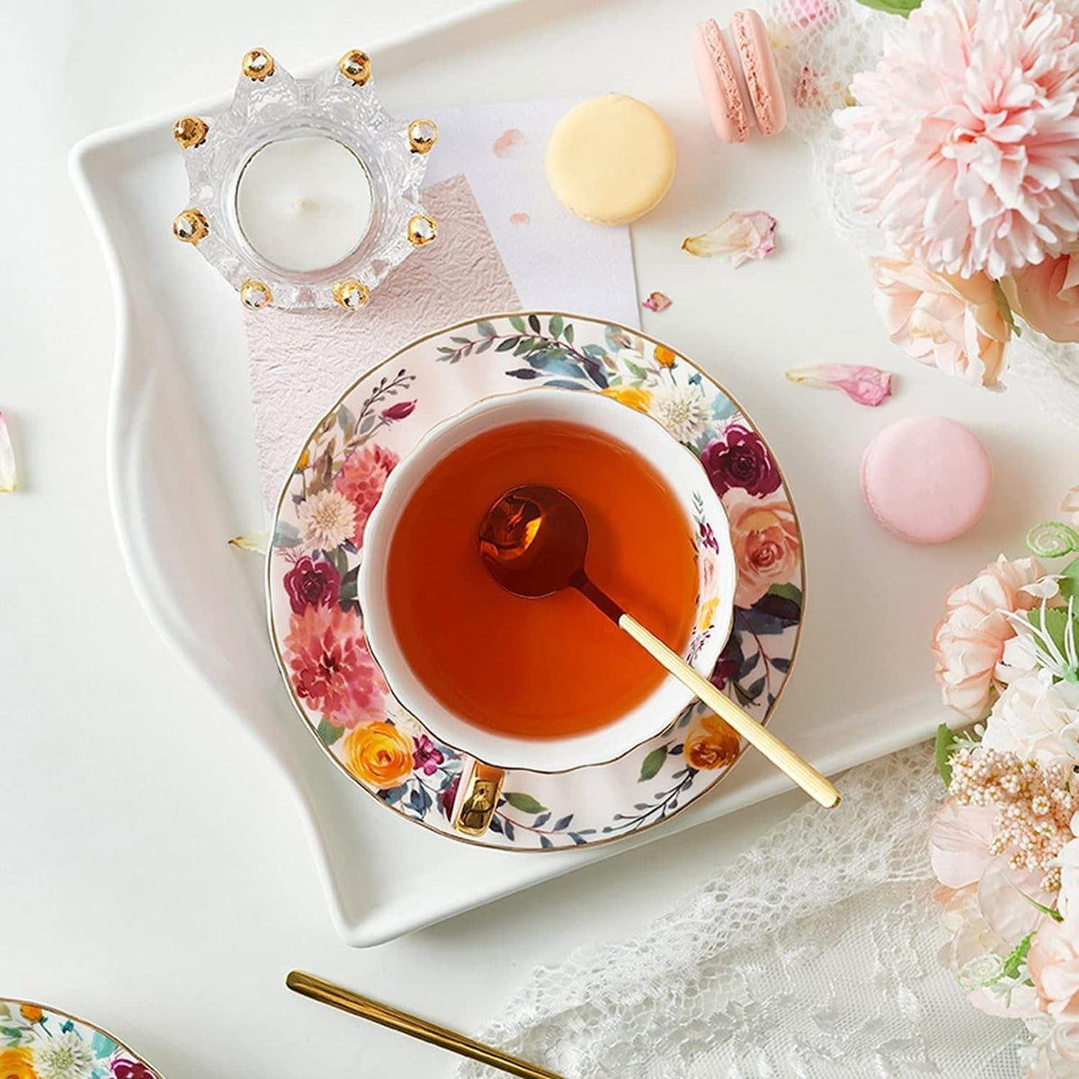Pink Tea Cup and Saucer Set for 1 Bone China English Tea Cup, 8 oz