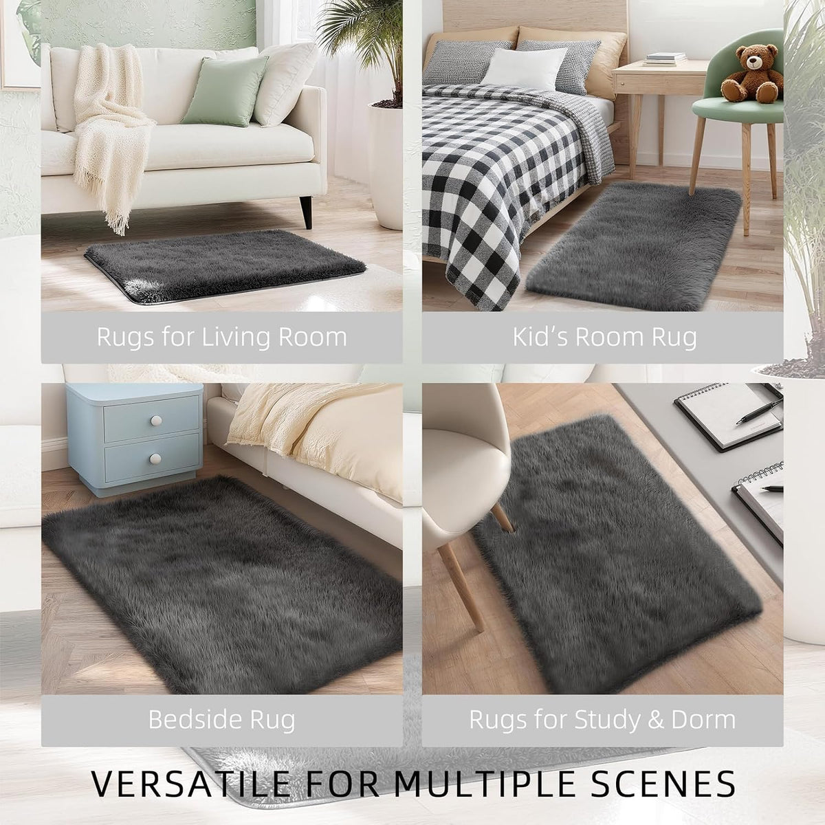 Shag Grey Small Rug 2x3 Area Rugs for Bedroom Dorm Bedside Living Room, Non-Slip Ultra Fluffy Soft Area Rugs for Entry, Kids Room, Study, Office, Playroom, Modern Small Carpet Décor