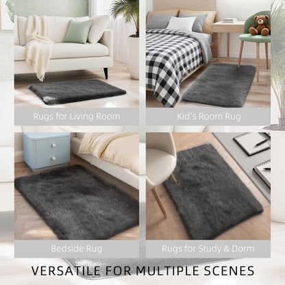 Shag Grey Small Rug 2x3 Area Rugs for Bedroom Dorm Bedside Living Room, Non-Slip Ultra Fluffy Soft Area Rugs for Entry, Kids Room, Study, Office, Playroom, Modern Small Carpet Décor