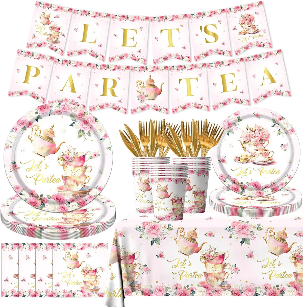 Tea Party Decorations, Tea Party Tableware Sets Include Plates, Cup, Napkins, Tablecloth, Pink Floral Garden Tea Party Birthday Decorations for Little Girls, Tea Party Supplies Serves 20