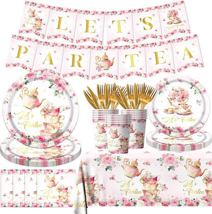 Tea Party Decorations, Tea Party Tableware Sets Include Plates, Cup, Napkins, Tablecloth, Pink Floral Garden Tea Party Birthday Decorations for Little Girls, Tea Party Supplies Serves 20