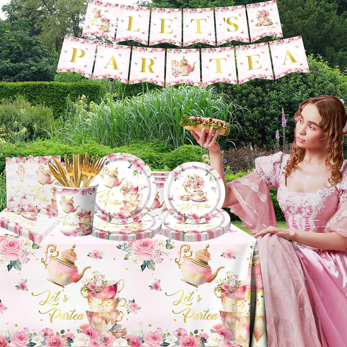 Tea Party Decorations, Tea Party Tableware Sets Include Plates, Cup, Napkins, Tablecloth, Pink Floral Garden Tea Party Birthday Decorations for Little Girls, Tea Party Supplies Serves 20