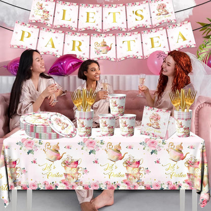 Tea Party Decorations, Tea Party Tableware Sets Include Plates, Cup, Napkins, Tablecloth, Pink Floral Garden Tea Party Birthday Decorations for Little Girls, Tea Party Supplies Serves 20