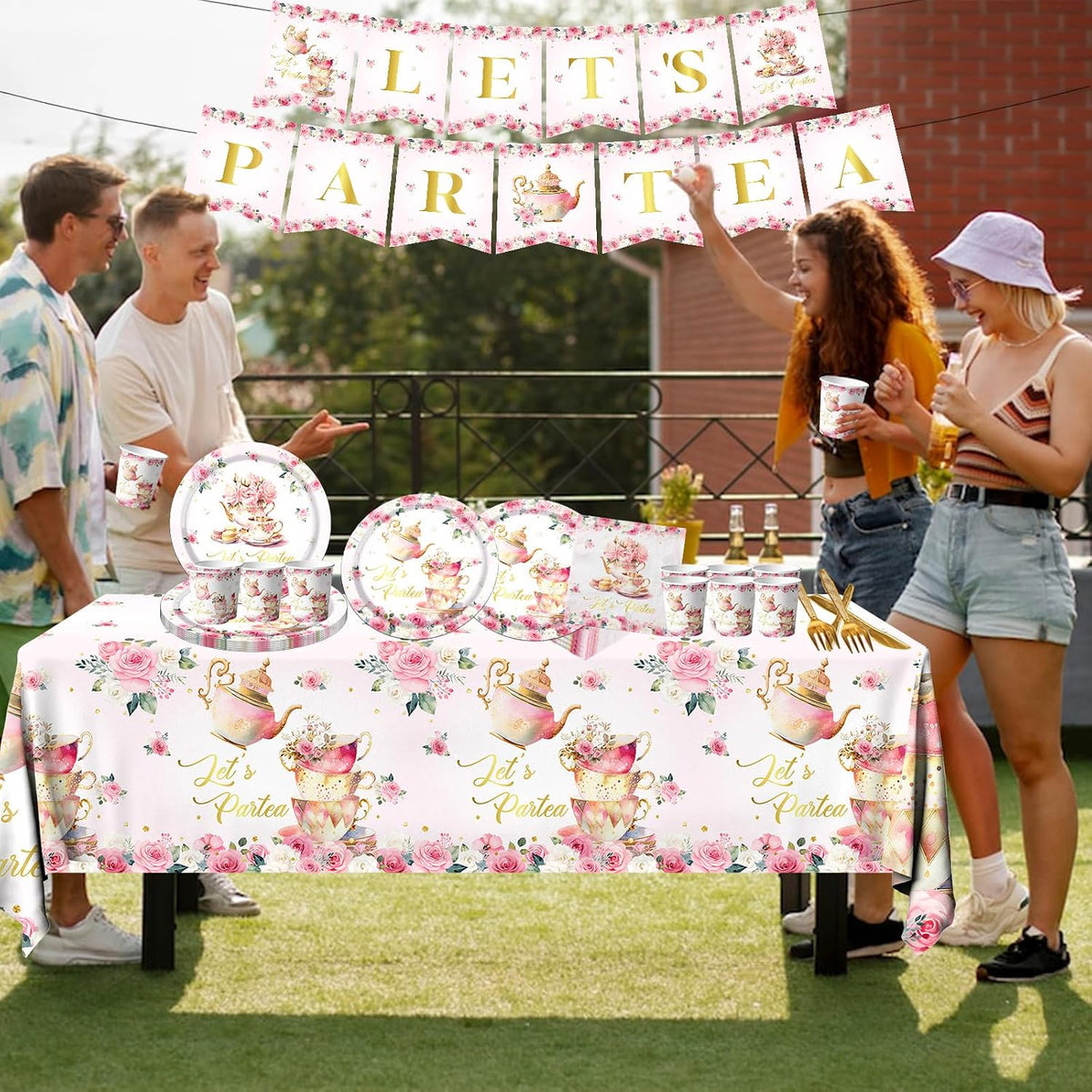 Tea Party Decorations, Tea Party Tableware Sets Include Plates, Cup, Napkins, Tablecloth, Pink Floral Garden Tea Party Birthday Decorations for Little Girls, Tea Party Supplies Serves 20