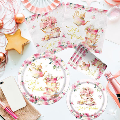 Tea Party Decorations, Tea Party Tableware Sets Include Plates, Cup, Napkins, Tablecloth, Pink Floral Garden Tea Party Birthday Decorations for Little Girls, Tea Party Supplies Serves 20
