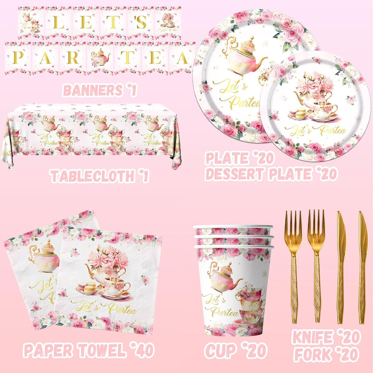 Tea Party Decorations, Tea Party Tableware Sets Include Plates, Cup, Napkins, Tablecloth, Pink Floral Garden Tea Party Birthday Decorations for Little Girls, Tea Party Supplies Serves 20