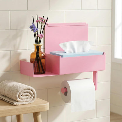 Pink Toilet Paper Holder with Shelf & Storage – Wall Mount Adhesive or Screw Installation – Wipes Dispenser and Phone Shelf – Modern Toilet Roll Holder for Bathroom – Pink Bathroom Decor Accent