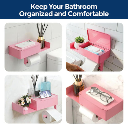 Pink Toilet Paper Holder with Shelf & Storage – Wall Mount Adhesive or Screw Installation – Wipes Dispenser and Phone Shelf – Modern Toilet Roll Holder for Bathroom – Pink Bathroom Decor Accent