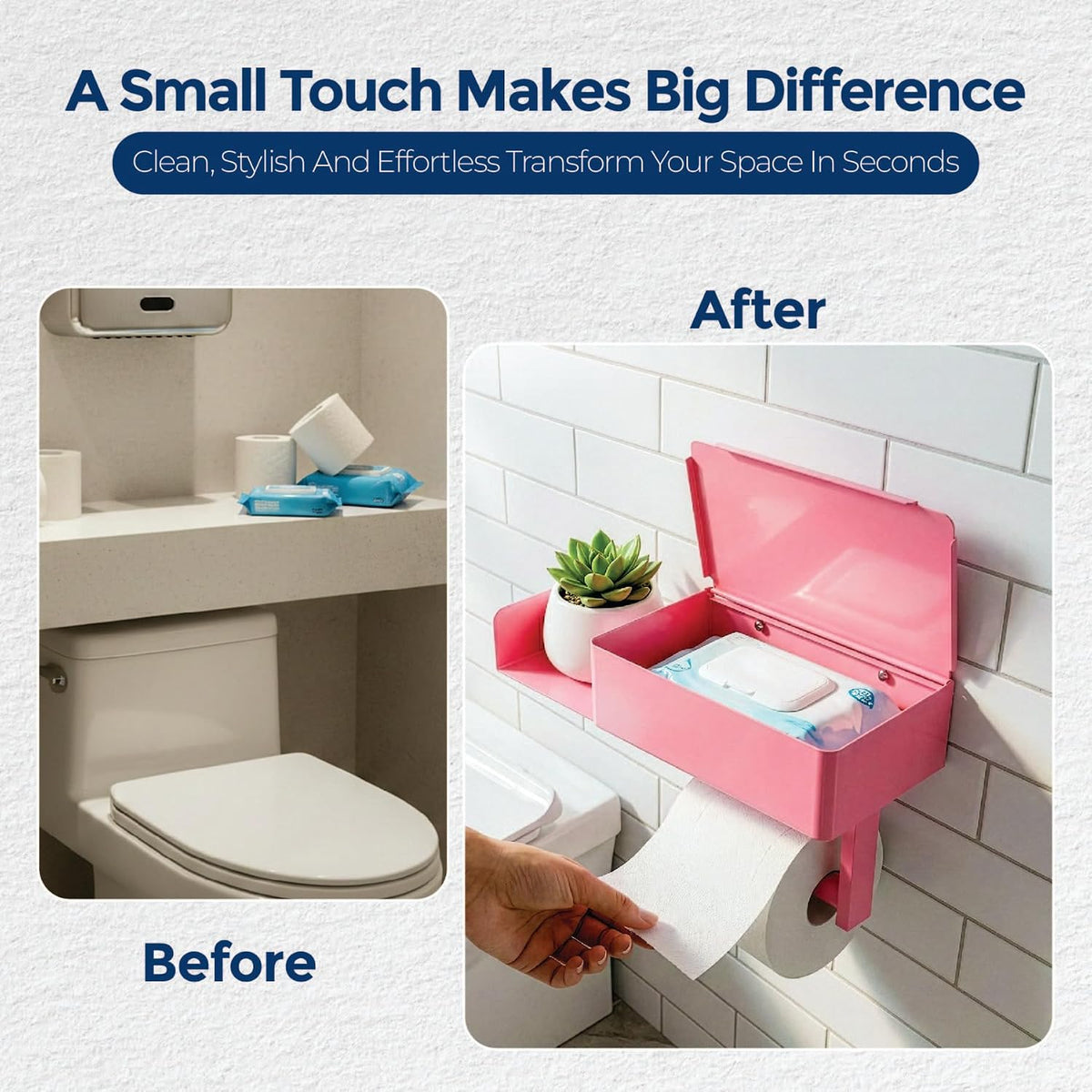 Pink Toilet Paper Holder with Shelf & Storage – Wall Mount Adhesive or Screw Installation – Wipes Dispenser and Phone Shelf – Modern Toilet Roll Holder for Bathroom – Pink Bathroom Decor Accent