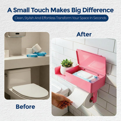 Pink Toilet Paper Holder with Shelf & Storage – Wall Mount Adhesive or Screw Installation – Wipes Dispenser and Phone Shelf – Modern Toilet Roll Holder for Bathroom – Pink Bathroom Decor Accent